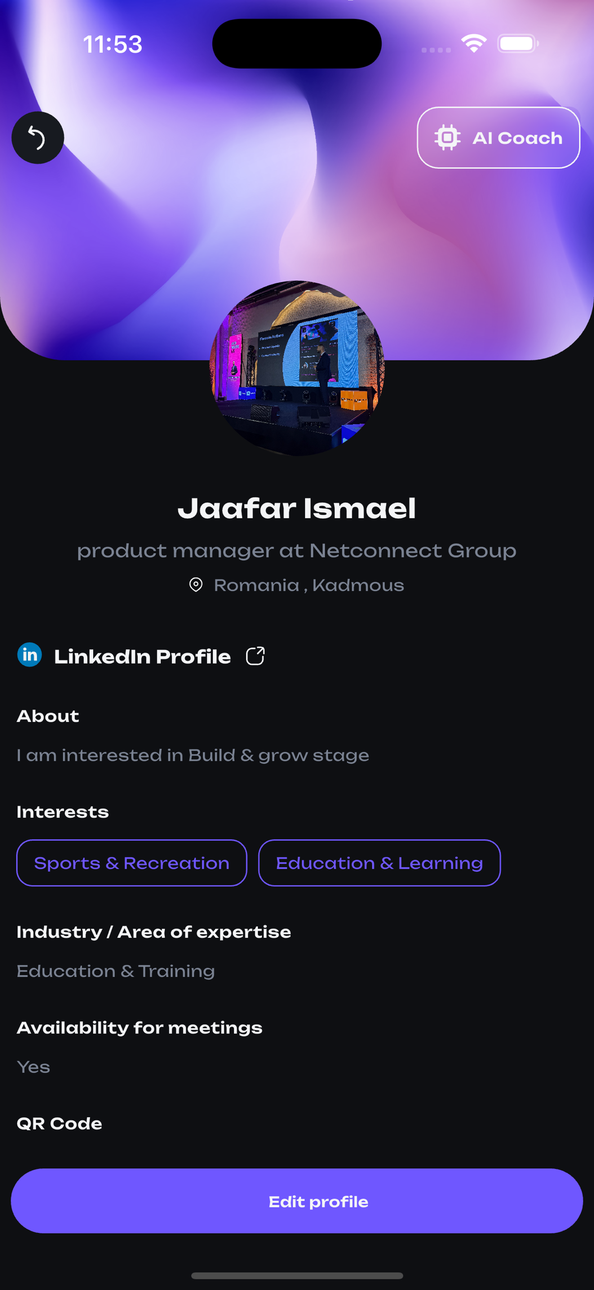 Profile — AI Coach · LinkedIn export · QR card