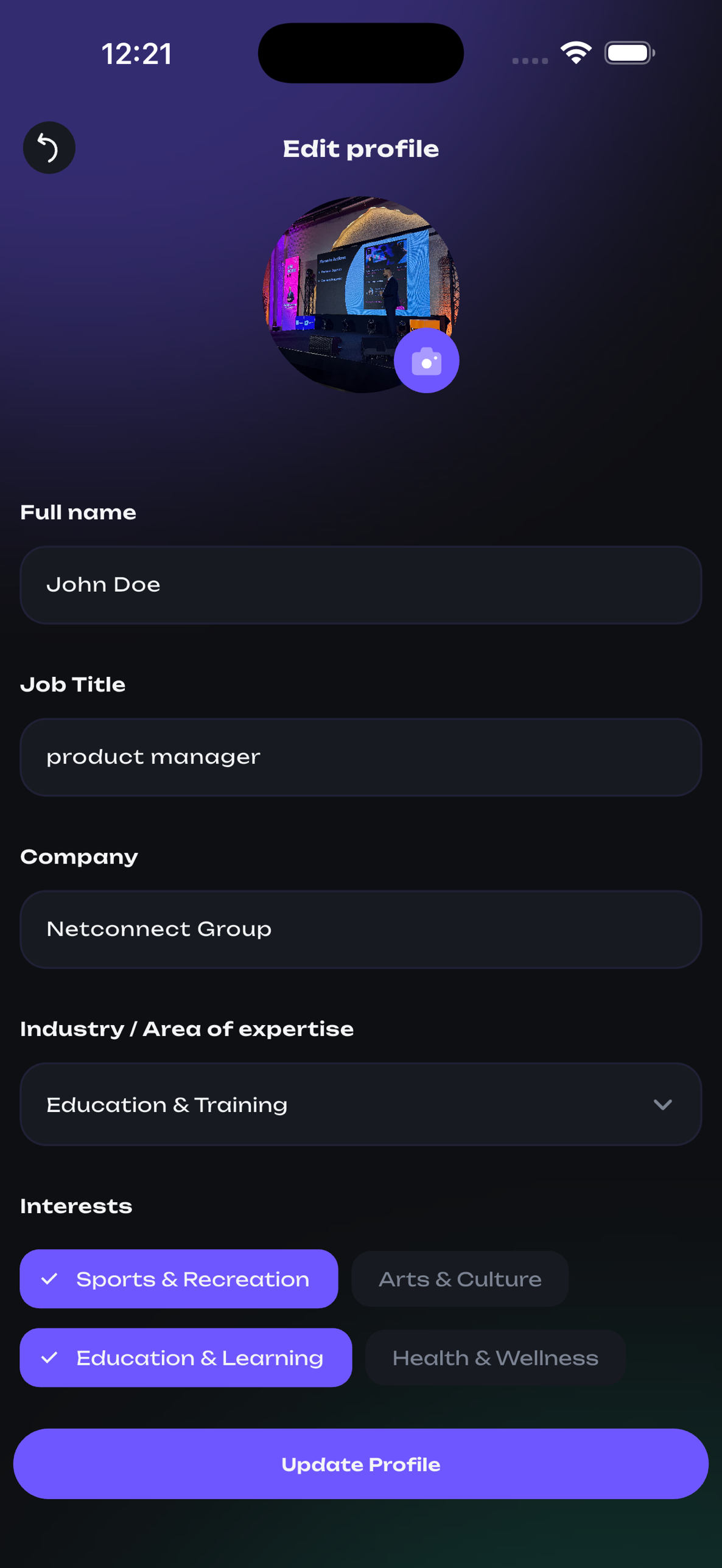 Edit profile — Avatar, role, company, interests
