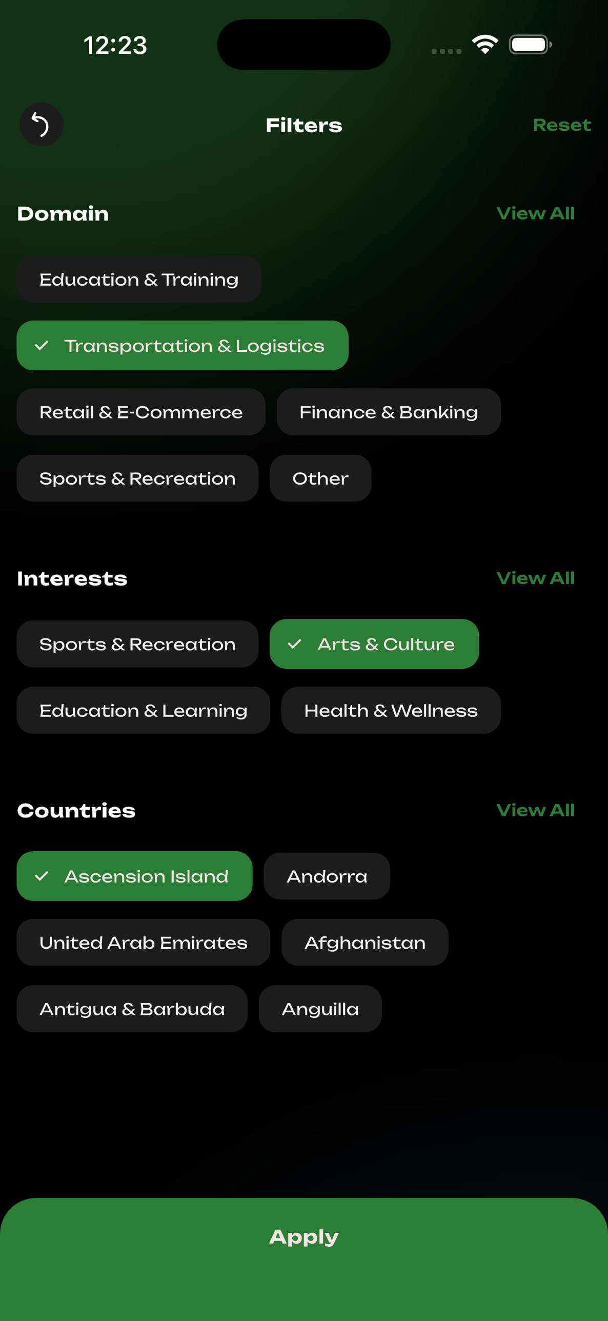 Filters — Domain · interests · country