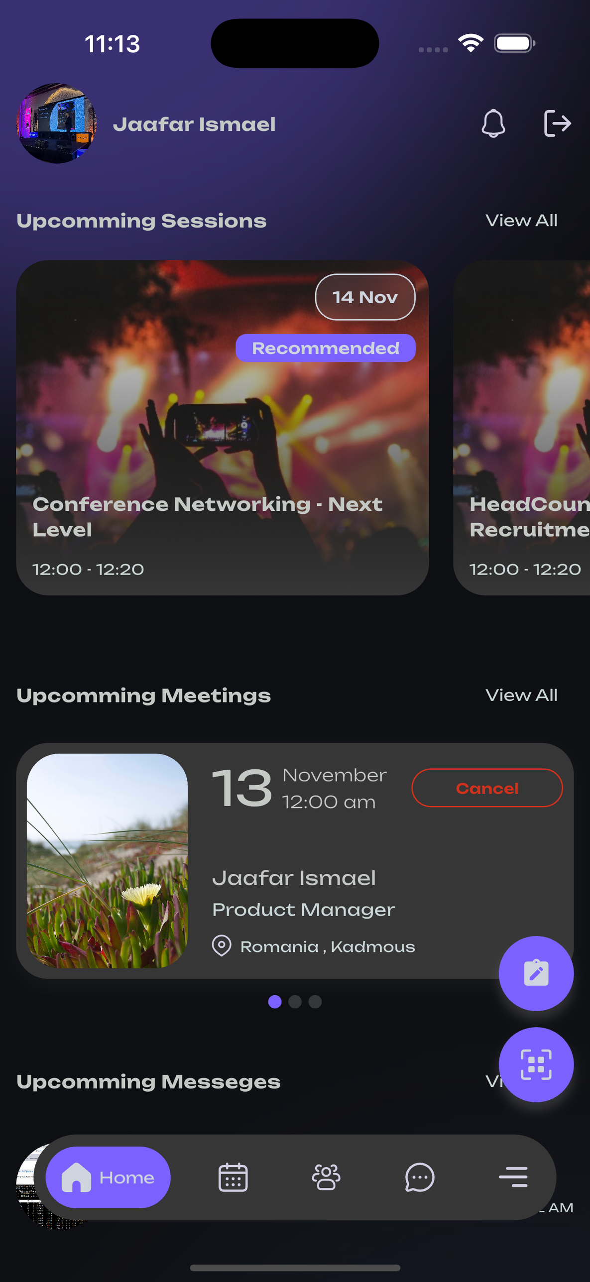 Meetings — Confirm / cancel · paginated carousel